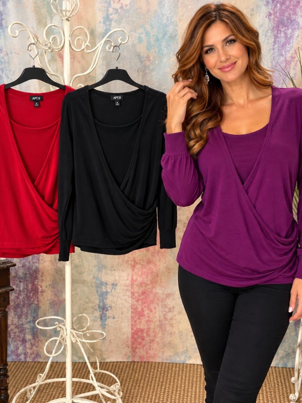 📌Apt. 9 3 (Red-Black-Purple ) Rayon Mix Wrap Style Pullover Built in Cami